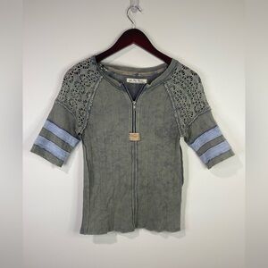We The Free green and Blue Crochet Sleeve Top